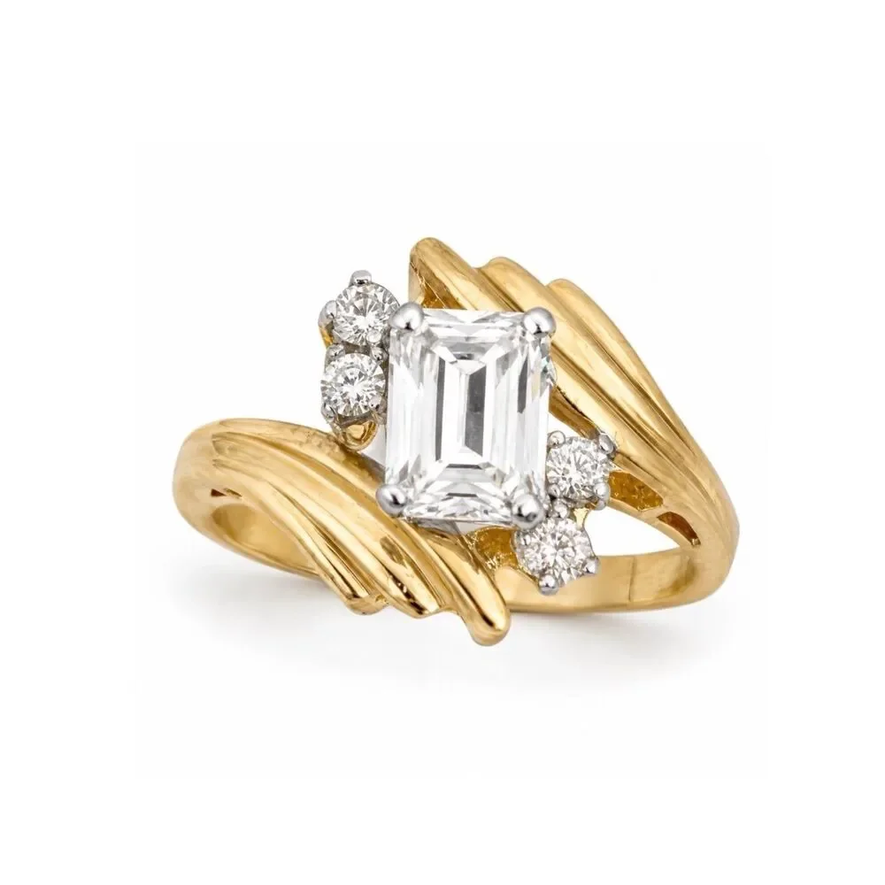 Vintage 1970s Ring Size 6 CZ Emerald Cut Solitaire Bypass Gold Plated - 14R